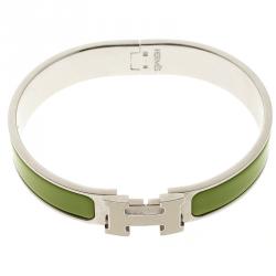 Pre Owned Hermes Clic Clac H Green Enamel & White Lacquered H Palladium Plated Narrow Bracelet GM