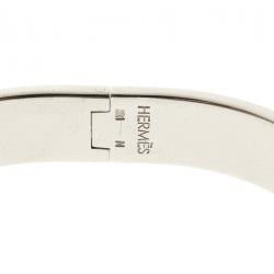 Pre Owned Hermes Clic Clac H Green Enamel & White Lacquered H Palladium Plated Narrow Bracelet GM