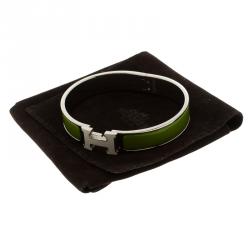 Pre Owned Hermes Clic Clac H Green Enamel & White Lacquered H Palladium Plated Narrow Bracelet GM