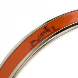 Pre Owned Hermes Caleche Orange Enamel Palladium Plated Narrow Bangle Bracelet