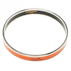 Pre Owned Hermes Caleche Orange Enamel Palladium Plated Narrow Bangle Bracelet