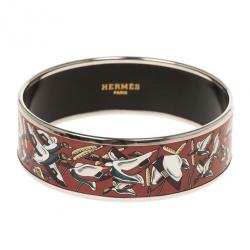 Pre Owned Hermes Wide Printed Enamel Palladium-Plated Duck Design Bracelet 19CM