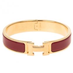 Pre Owned Hermes Clic Clac H Amaranth Red Enamel Gold Plated Bracelet PM