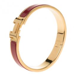 Pre Owned Hermes Clic Clac H Amaranth Red Enamel Gold Plated Bracelet PM