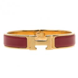 Pre Owned Hermes Clic Clac H Amaranth Red Enamel Gold Plated Bracelet PM