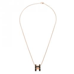 Pre Owned Hermes Pop H Soleil Black Lacquer Rose Gold Plated Pendant