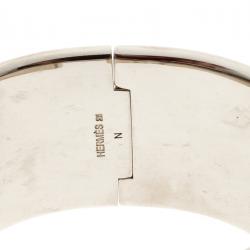 Pre Owned Hermes Clic Clac H White Lacquered Green Enamel Palladium Plated Extra Wide Bracelet GM