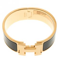 Pre Owned Hermes Clic Clac H Black Enamel Gold Plated Wide Bracelet PM