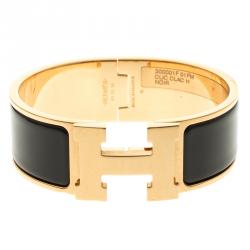 Pre Owned Hermes Clic Clac H Black Enamel Gold Plated Wide Bracelet PM