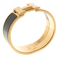 Pre Owned Hermes Clic Clac H Black Enamel Gold Plated Wide Bracelet PM