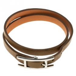 Pre Owned Hermes Behapi Brown / Orange Leather Reversible Double Tour Bracelet