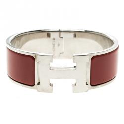 Pre Owned Hermes Clic Clac H Red Enamel Palladium Plated Wide Bracelet PM