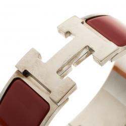 Pre Owned Hermes Clic Clac H Red Enamel Palladium Plated Wide Bracelet PM