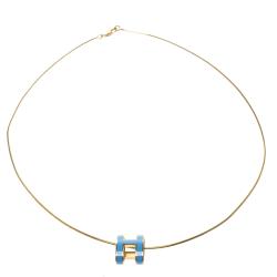Pre Owned Hermes Pop H Blue Lacquer Gold Plated Pendant Necklace