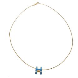 Pre Owned Hermes Pop H Blue Lacquer Gold Plated Pendant Necklace