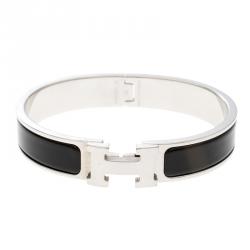 Pre Owned Hermes Clic Clac H Black Enamel Palladium Plated Narrow Bracelet