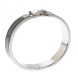 Pre Owned Hermes Clic Clac H Black Enamel Palladium Plated Narrow Bracelet