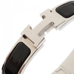 Pre Owned Hermes Clic Clac H Black Enamel Palladium Plated Narrow Bracelet