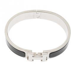 Pre Owned Hermes Clic Clac H Black Enamel Palladium Plated Narrow Bracelet