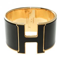 Pre Owned Hermes Clic Clac H Black Enamel Gold-Plated Extra Wide Bracelet PM