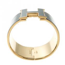 Pre Owned Hermes Clic Clac H Black Enamel Gold-Plated Extra Wide Bracelet PM