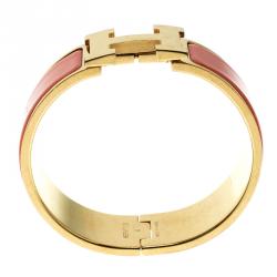 Pre Owned Hermes Clic Clac H Orange Enamel Gold Plated Wide Bracelet PM