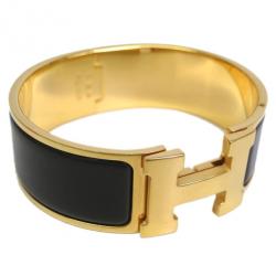 Pre Owned Hermes Clic Clac H Wide Gold-Plated Brown Enamel Bracelet PM