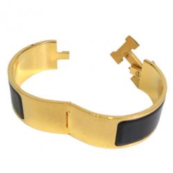 Pre Owned Hermes Clic Clac H Wide Gold-Plated Brown Enamel Bracelet PM