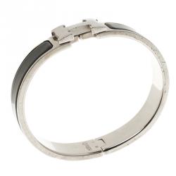 Pre Owned Hermes Clic Clac H Black Enamel Palladium Plated Narrow Bracelet PM