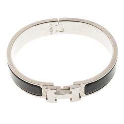 Pre Owned Hermes Clic Clac H Black Enamel Palladium Plated Narrow Bracelet PM