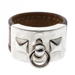 Pre Owned Hermes Collier de Chien Burgundy Leather Palladium Plated Ring  Size 58