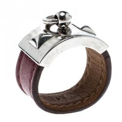 Pre Owned Hermes Collier de Chien Burgundy Leather Palladium Plated Ring  Size 58