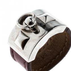 Pre Owned Hermes Collier de Chien Burgundy Leather Palladium Plated Ring  Size 58