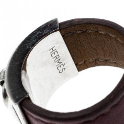 Pre Owned Hermes Collier de Chien Burgundy Leather Palladium Plated Ring  Size 58
