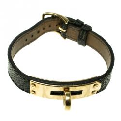 Pre Owned Hermes Green Lizard Skin Gold Plated Kelly Wristwatch Bracelet