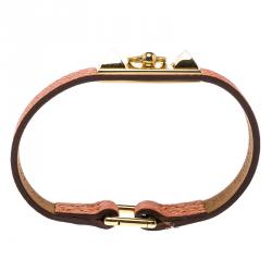Pre Owned Hermes Micro Rivale Orange Leather Gold Plated Bracelet