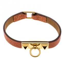 Pre Owned Hermes Micro Rivale Orange Leather Gold Plated Bracelet