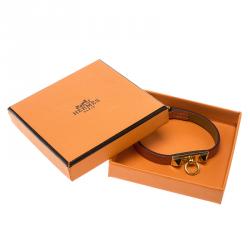 Pre Owned Hermes Micro Rivale Orange Leather Gold Plated Bracelet