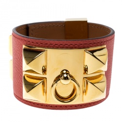 Pre Owned Hermès Collier de Chien Pink Epsom Leather Gold Plated Wide Cuff Bracelet