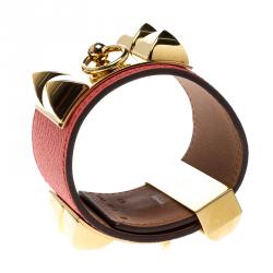 Pre Owned Hermès Collier de Chien Pink Epsom Leather Gold Plated Wide Cuff Bracelet