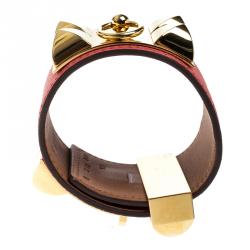 Pre Owned Hermès Collier de Chien Pink Epsom Leather Gold Plated Wide Cuff Bracelet