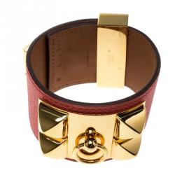 Pre Owned Hermès Collier de Chien Pink Epsom Leather Gold Plated Wide Cuff Bracelet