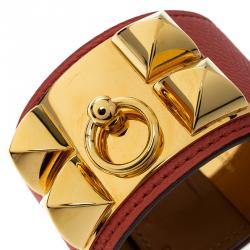 Pre Owned Hermès Collier de Chien Pink Epsom Leather Gold Plated Wide Cuff Bracelet