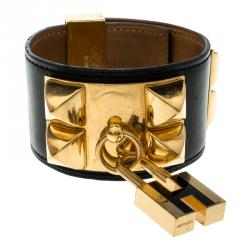 Pre Owned Hermès Collier de Chien Lock Black Leather Gold Plated Wide Cuff Bracelet