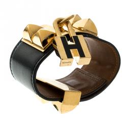 Pre Owned Hermès Collier de Chien Lock Black Leather Gold Plated Wide Cuff Bracelet