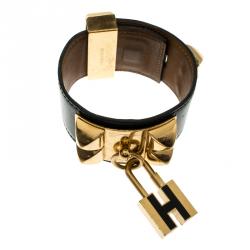 Pre Owned Hermès Collier de Chien Lock Black Leather Gold Plated Wide Cuff Bracelet