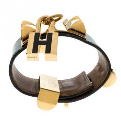 Pre Owned Hermès Collier de Chien Lock Black Leather Gold Plated Wide Cuff Bracelet