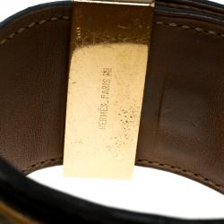 Pre Owned Hermès Collier de Chien Lock Black Leather Gold Plated Wide Cuff Bracelet