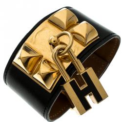 Pre Owned Hermès Collier de Chien Lock Black Leather Gold Plated Wide Cuff Bracelet