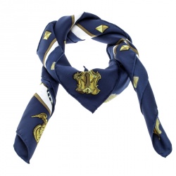 Pre Owned Hermes Navy Blue and White Key Printed Silk Square Scarf